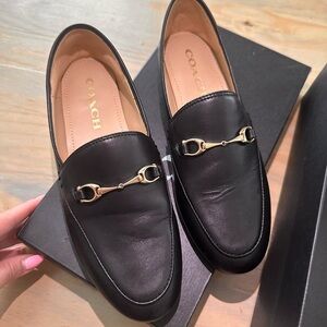 Coach Black Leather Loafers with Gold Horsebit Detail